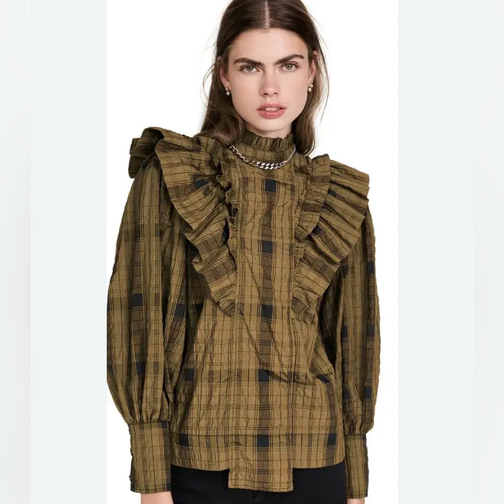 GANNI Seersucker Check Blouse in butternut, size L (40)